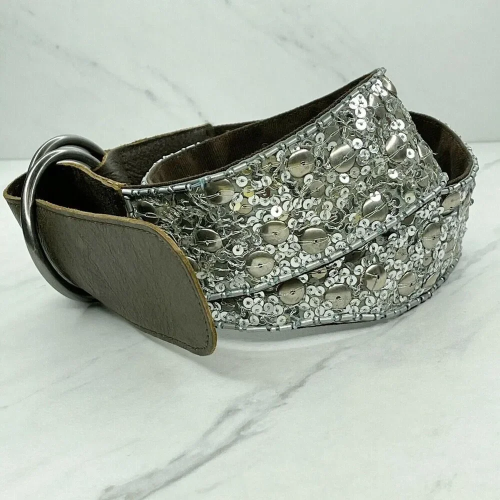 Old Navy Wide Sequin D-Ring Belt Genuine Leather Trim Small (S) ✨